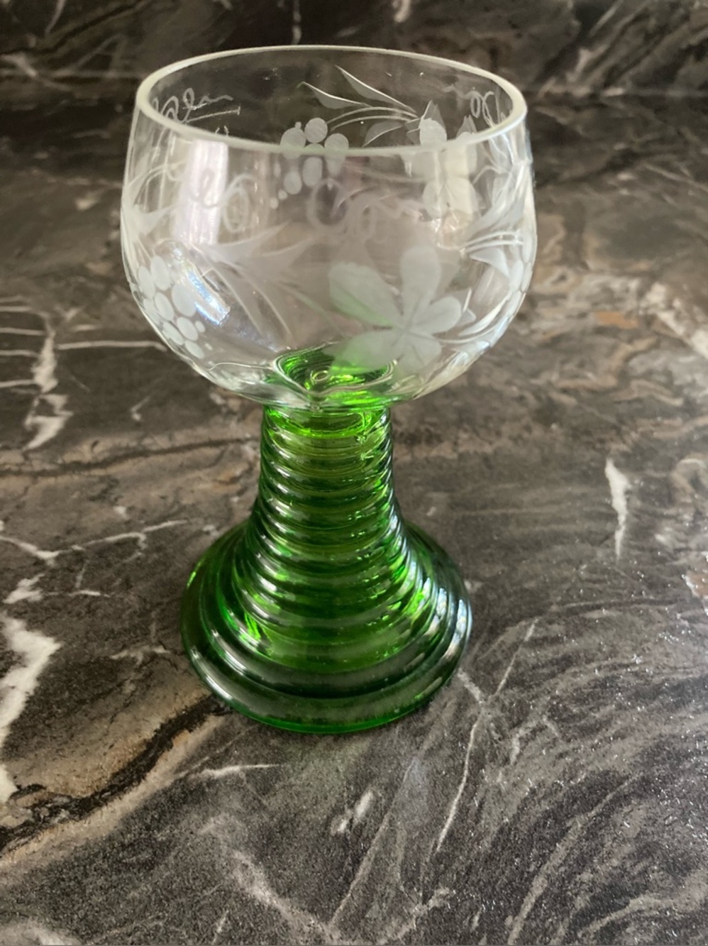 Vintage German Römer Wine Glass 5” Clear Etched Grape Vine Bowl w/ Beehive Stem